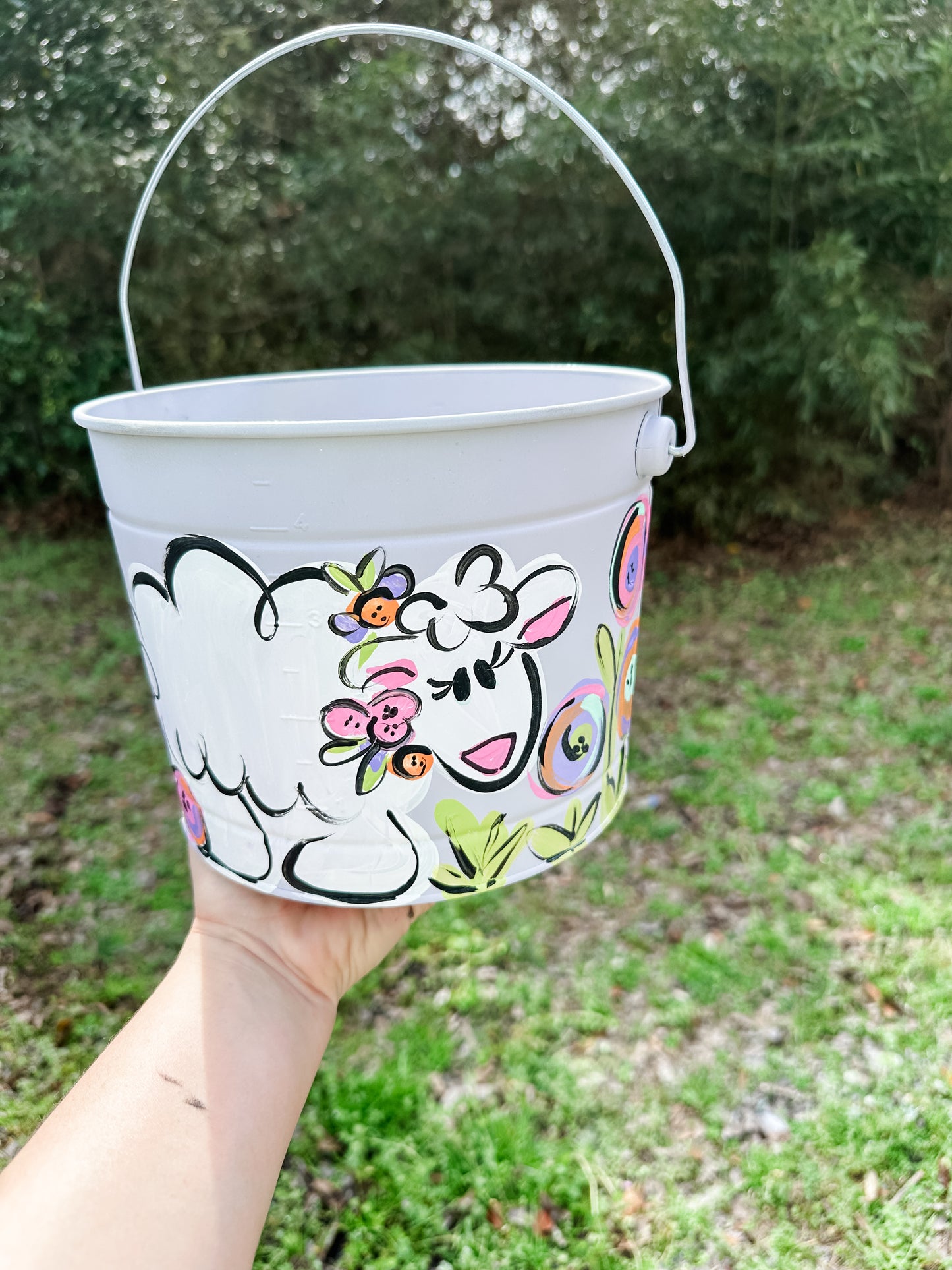 Girls Purple Sheep Floral Hand Painted Bucket